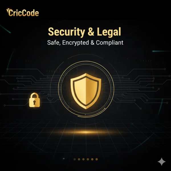CricCode App 2025 interface preview showing login, bonus, and dashboard screens in black and gold theme.