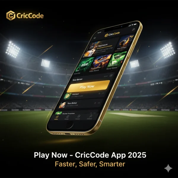 CricCode App 2025 Play Now and Download banner featuring black and gold design with glowing CricCode logo and cricket stadium background.