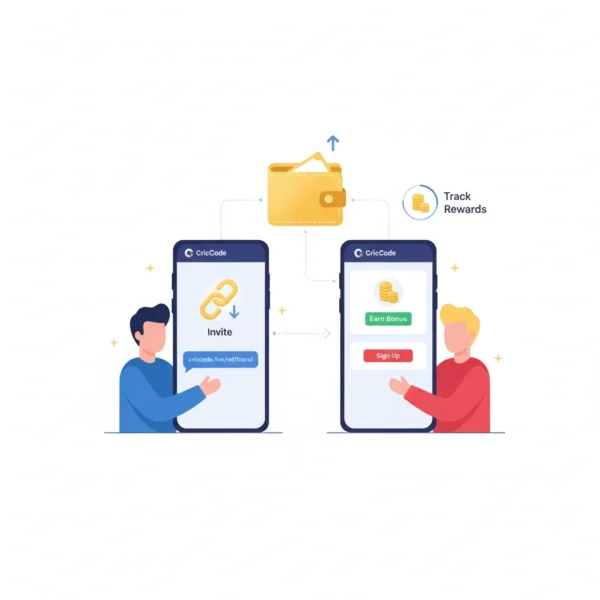 Two people using CricCode referral link on mobile phones, sending invites, joining the app, and earning bonus coins with wallet tracking.