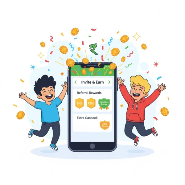Two users celebrating referral rewards on a mobile phone, coins, cashback badges, and milestone bonuses visible on screen.
