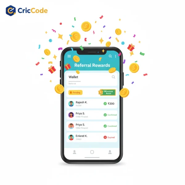 Cartoon-style CricCode wallet screen showing referral rewards, bonus coins, milestone badges, and friend reward statuses with the original CricCode logo.