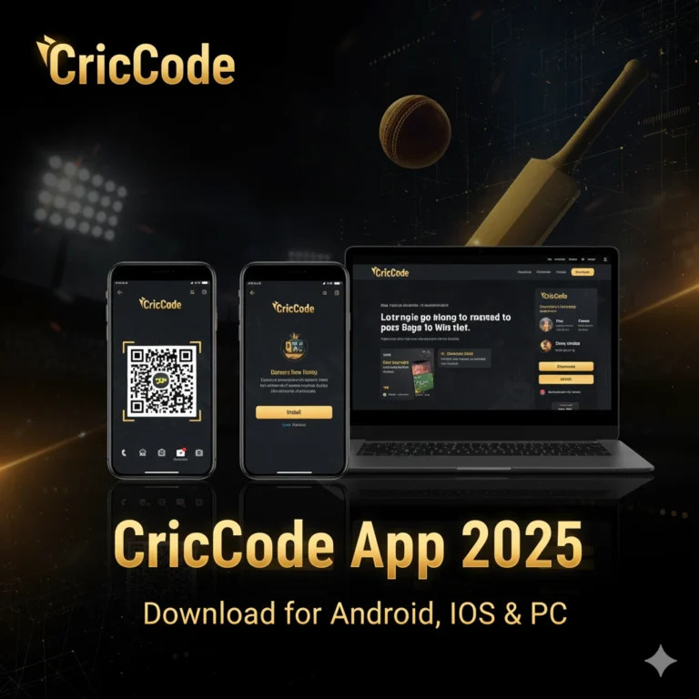 CricCode App 2025 download banner showing Android, iOS, and PC devices with black and gold theme.