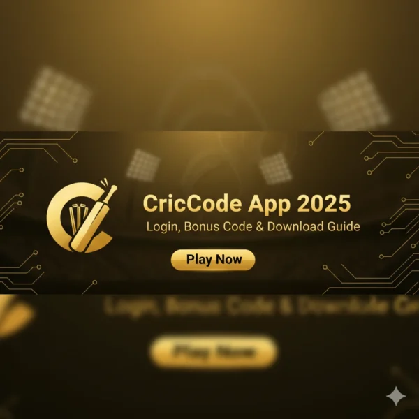 CricCode App 2025 official banner showing login, bonus code, and download guide with black and gold theme.