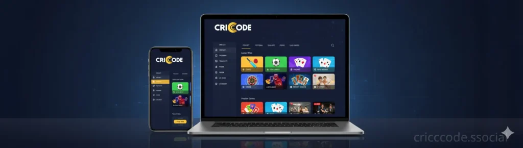 Criccode Games online gaming dashboard showing sports, casino, and fantasy games on mobile and desktop screens with Criccode logo