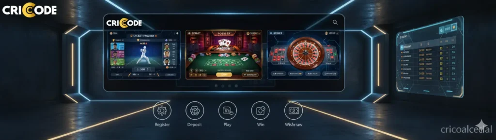 User playing multiple games on Criccode dashboard including cricket fantasy, poker, and roulette with step-by-step guide.