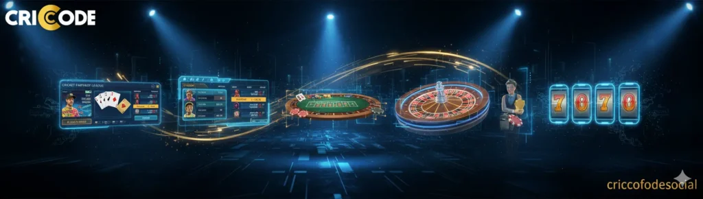 Criccode Games banner showing cricket fantasy, poker, roulette, and live casino games with glowing lights and Criccode logo watermark.