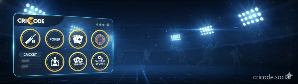 Criccode Games banner showing cricket, poker, roulette, and fantasy sports dashboard with Criccode logo and watermark