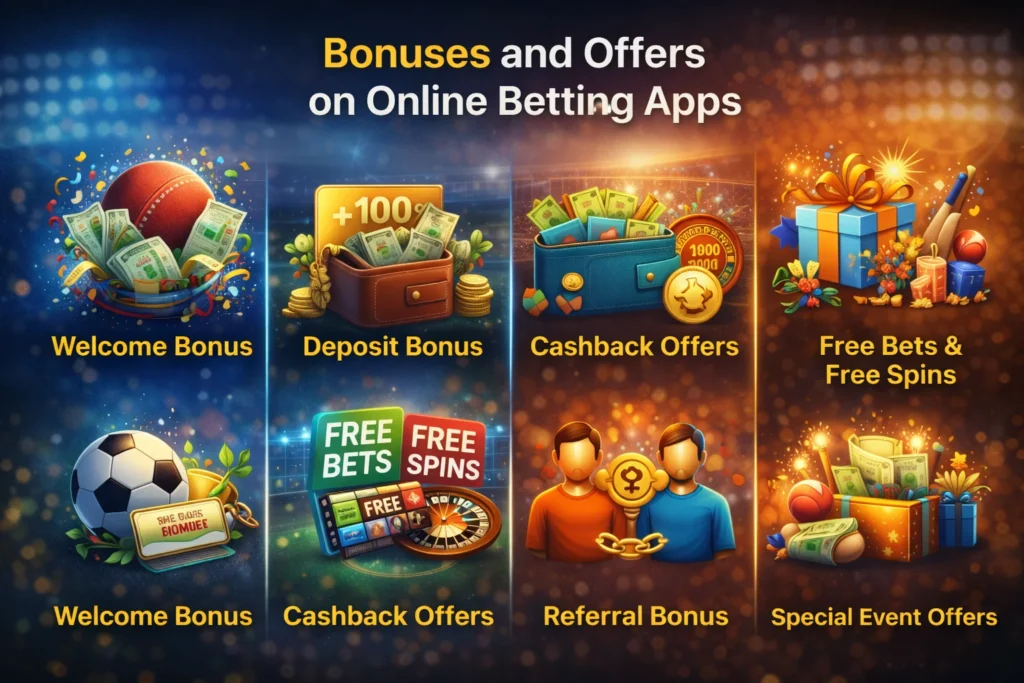bonuses and offers on online betting app including welcome bonus, deposit bonus, cashback offers, free bets, free spins and referral bonus