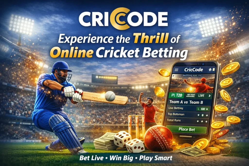 CricCode betting app live cricket betting banner with mobile app interface and cricket stadium