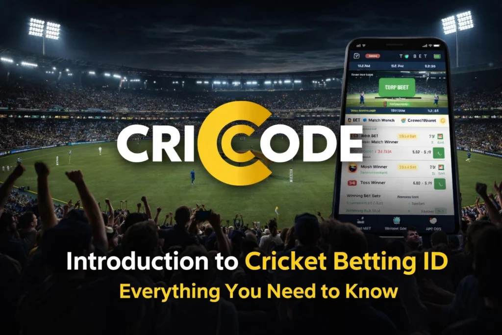 CricCode cricket betting ID banner with stadium and live betting app interface