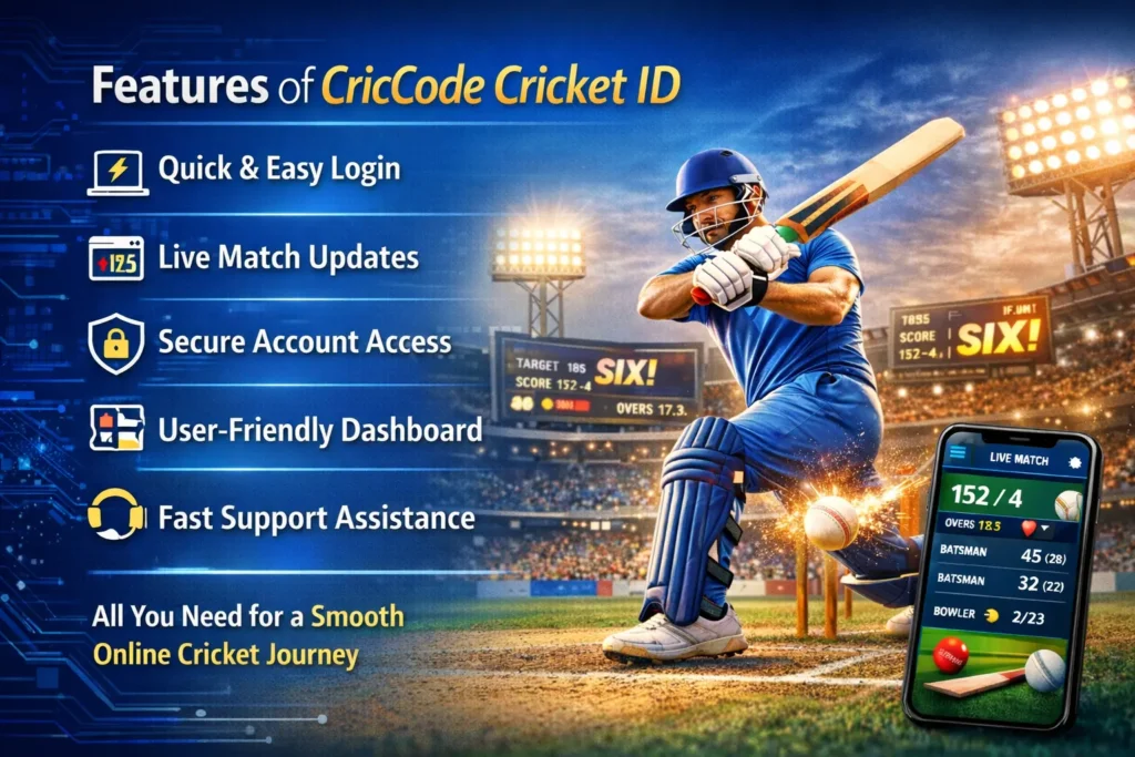 CricCode Cricket ID features dashboard showing quick login, live match updates, secure account access and mobile cricket platform
