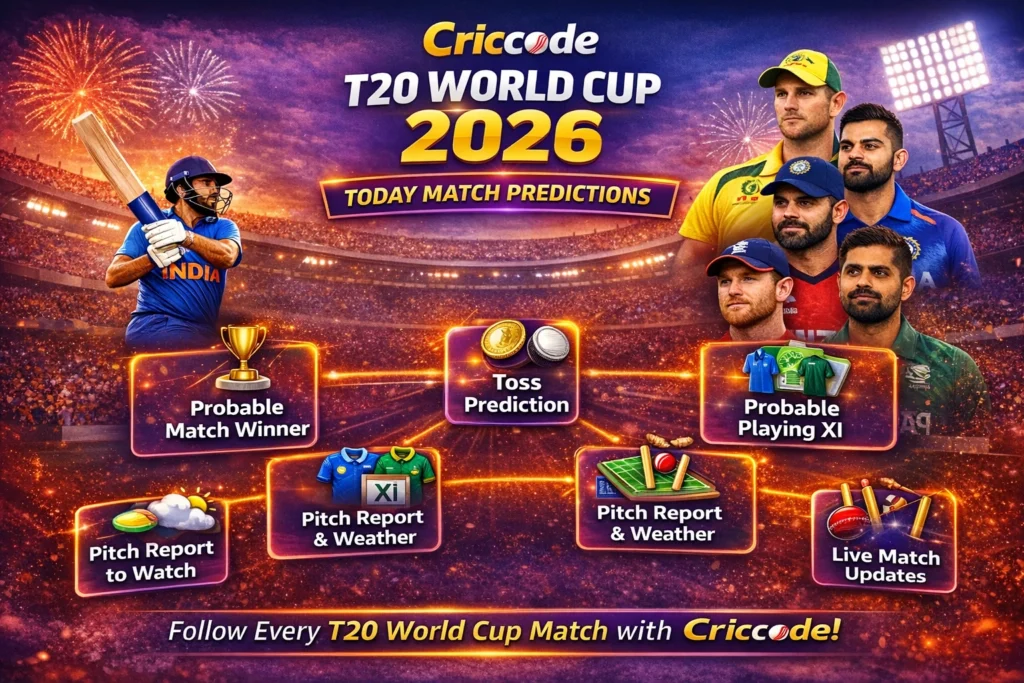 Criccode today match prediction for T20 World Cup 2026 with toss prediction, playing XI, pitch report and live updates