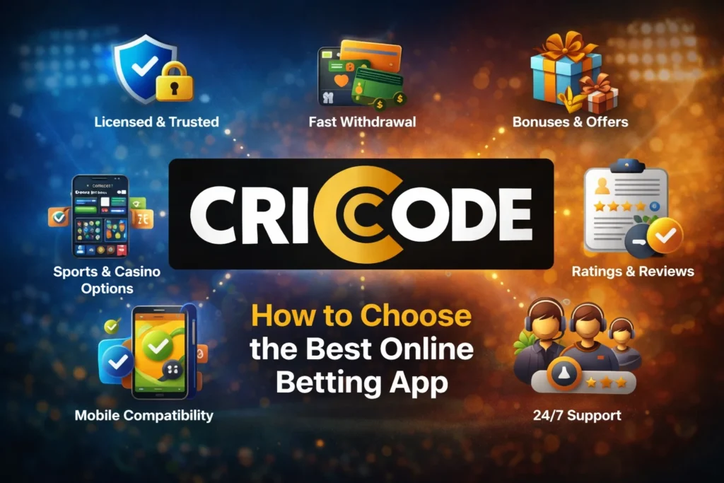 Criccode logo image showing features of a trusted online betting app with fast withdrawal, bonuses, sports betting and 24/7 support