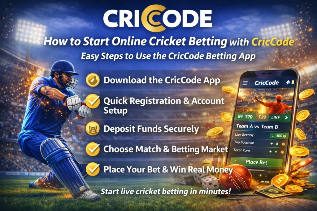 CricCode betting app step-by-step guide showing download, registration, deposit, and live cricket betting process