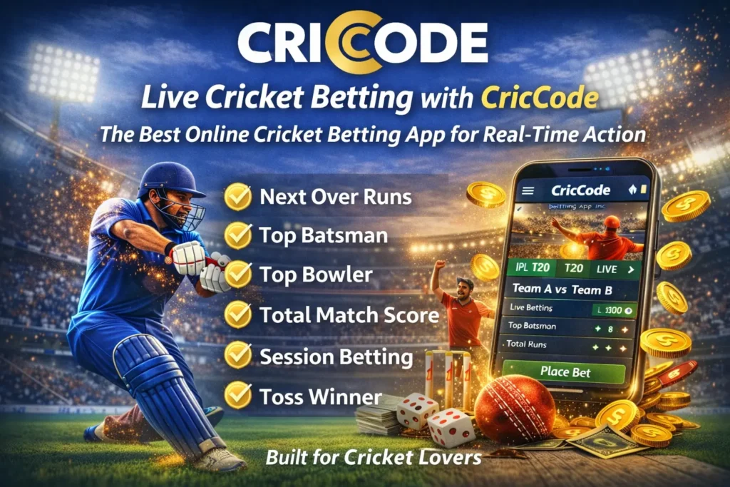 CricCode live cricket betting app banner showing mobile betting interface, cricket stadium, and real-time odds