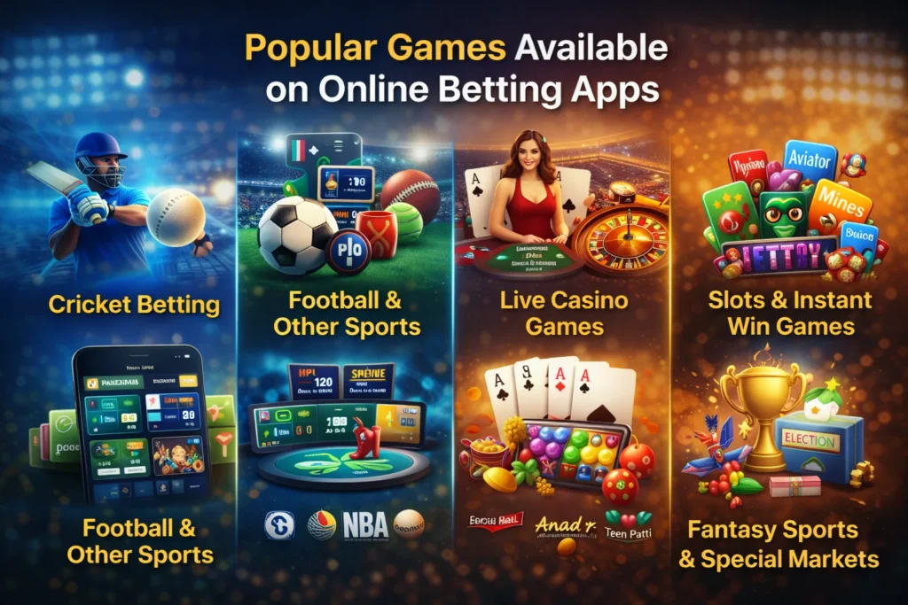 popular games on online betting app including cricket betting, football, live casino games, slots, aviator and fantasy sports