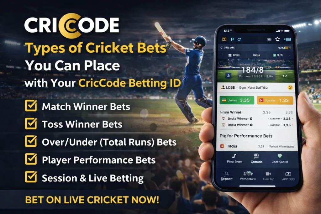 Types of cricket bets available with CricCode betting ID including match winner toss and live betting on mobile app