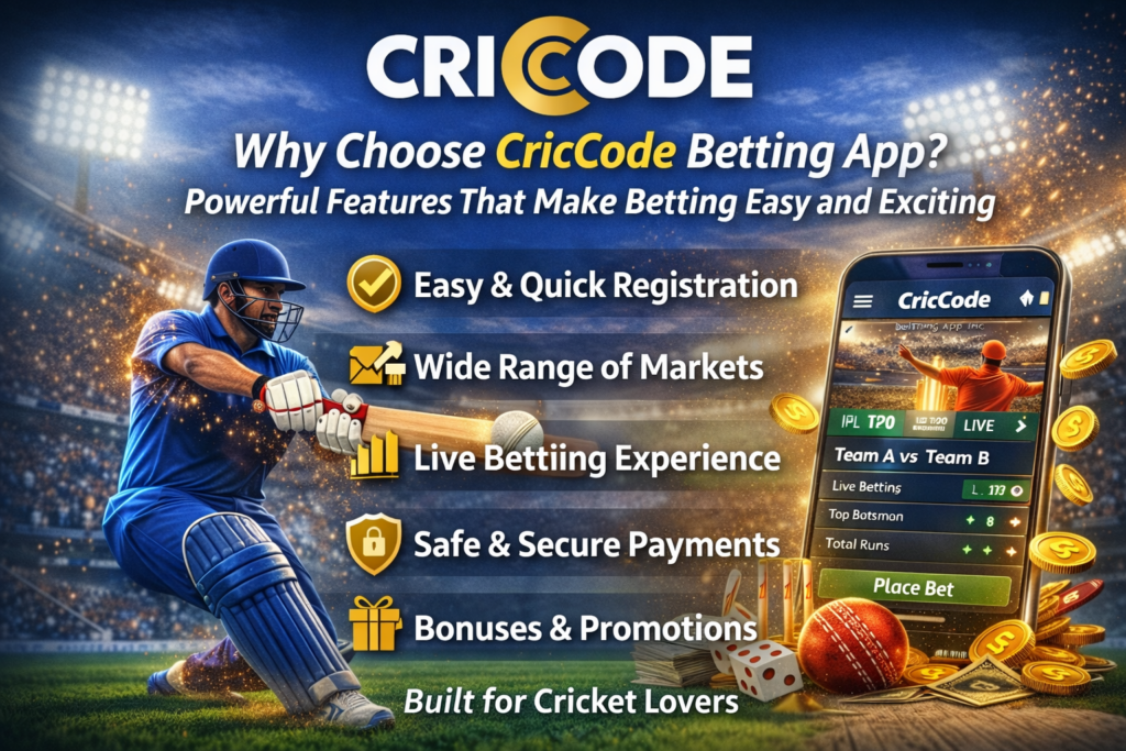 CricCode betting app features banner showing live cricket betting, secure payments, bonuses, and mobile app interface