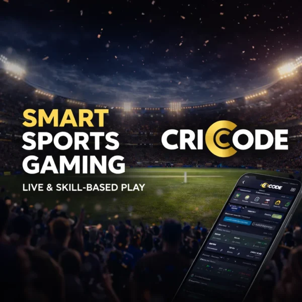 Criccode gaming platform banner showing smart sports gaming interface with live match stadium and mobile gameplay on CricCode.social