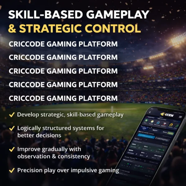 Criccode gaming platform skill-based gameplay image showing strategic sports gaming interface with live match stadium and mobile dashboard