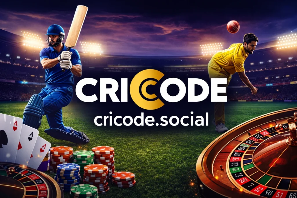 Cricode gaming app logo with cricket players and casino elements on criccode.social platform