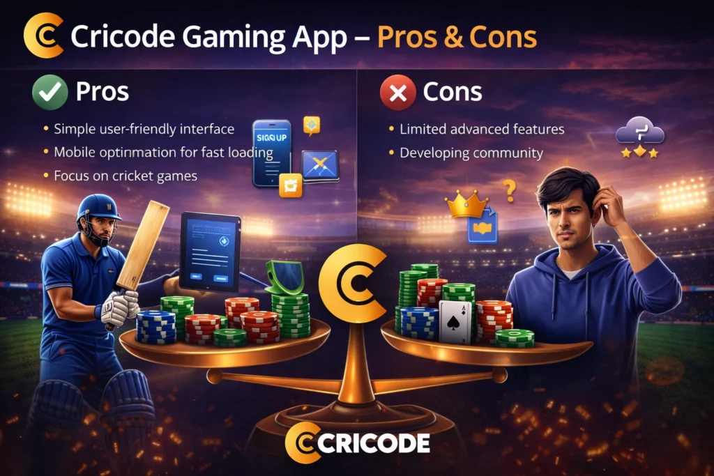 Cricode gaming app pros and cons infographic showing advantages and limitations of the platform