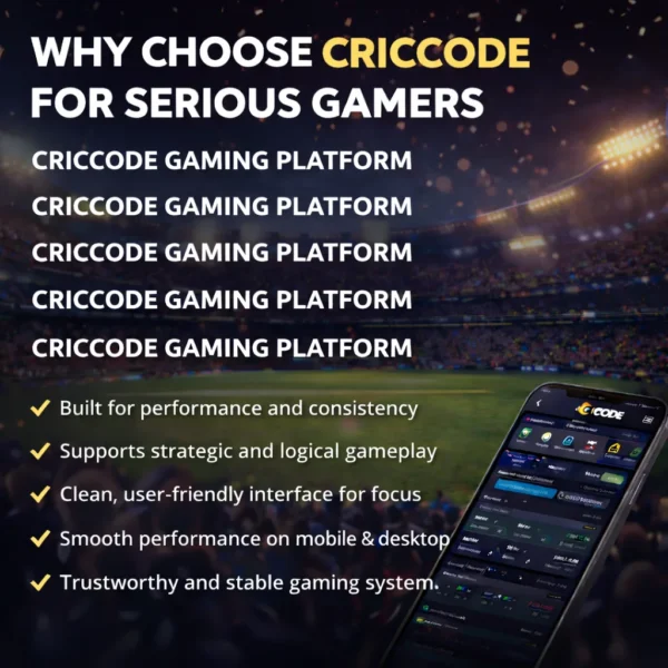 Criccode gaming platform image showing why choose Criccode for serious gamers with skill-based gameplay and mobile gaming interface