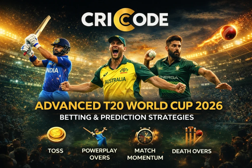 T20 World Cup 2026 betting strategy banner showing cricket stadium, scoreboard analytics, player performance charts and match prediction graphics.