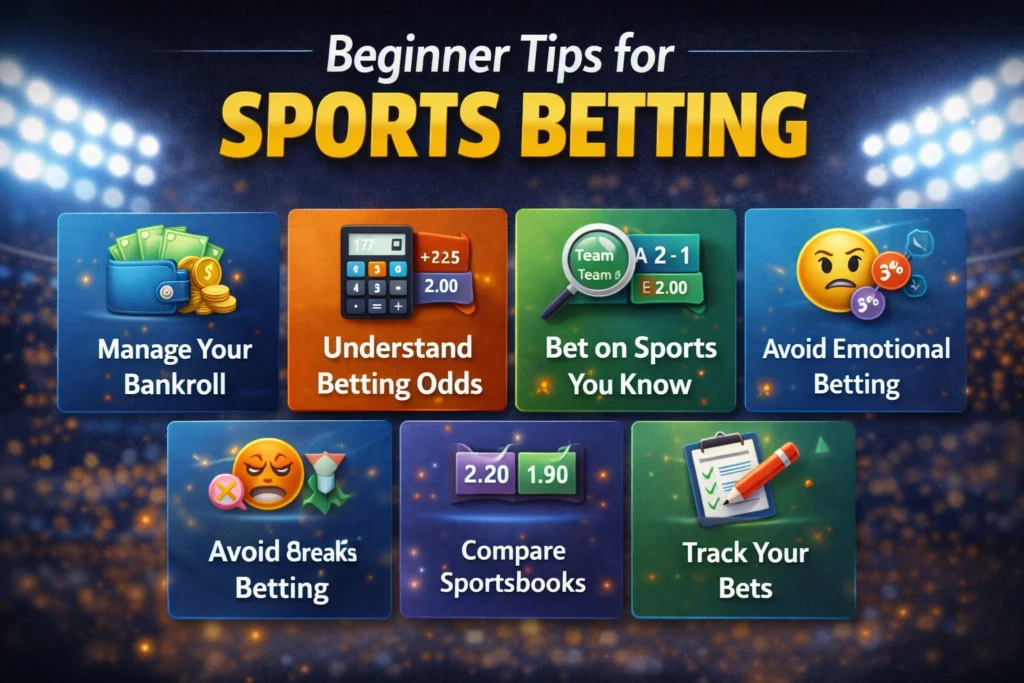 Beginner tips for sports betting infographic showing bankroll management betting odds strategies and sportsbook tips