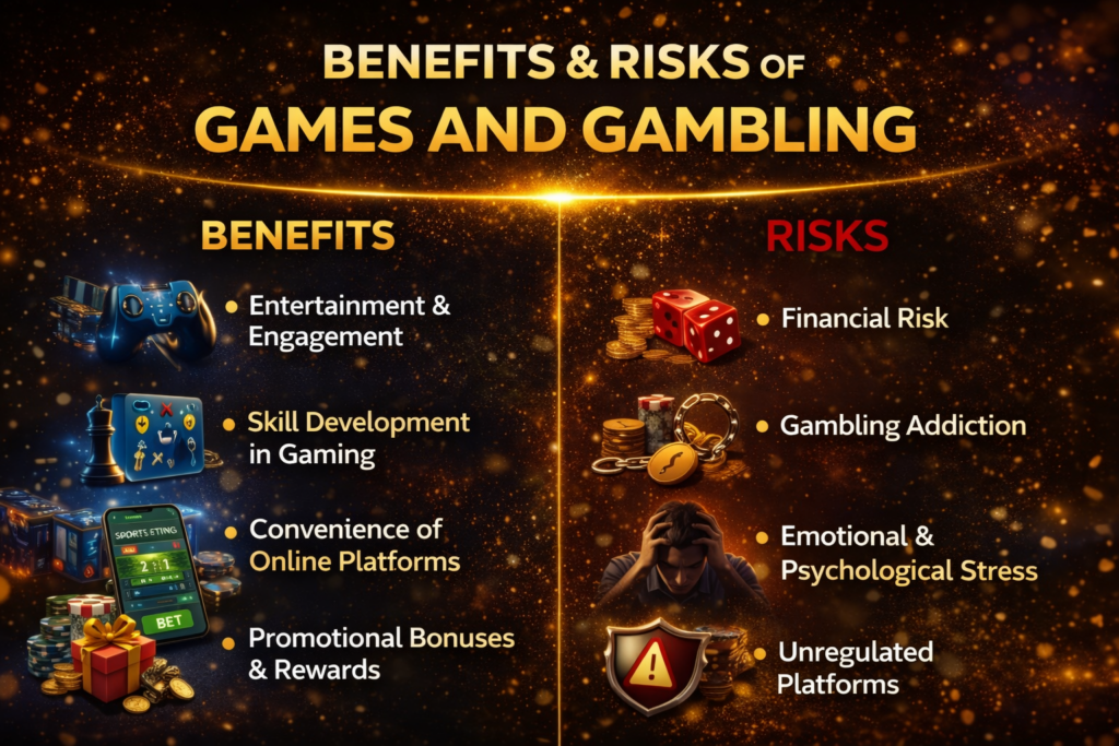 Benefits and risks of games and gambling showing online gaming enjoyment and gambling financial risks