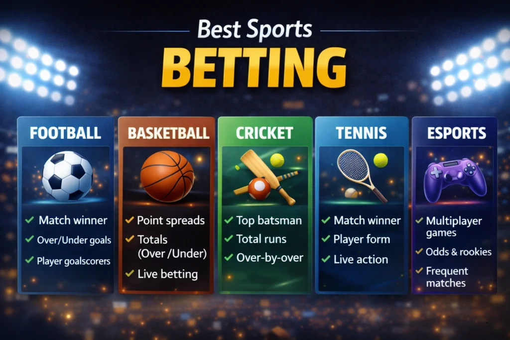 Best sports for betting infographic showing football basketball cricket tennis and esports betting options