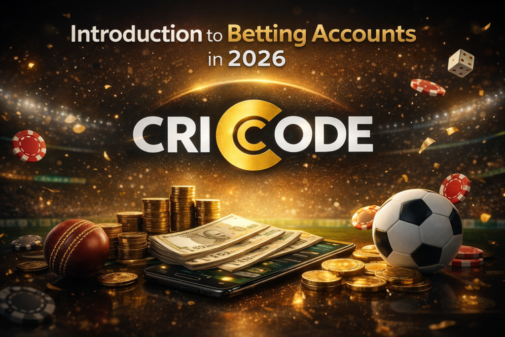 Betting Account 2026 Introduction with CRICODE logo, sports betting coins, cricket ball and football