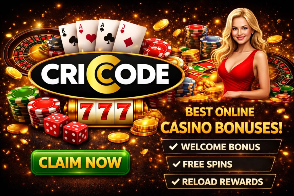 CRICODE casino bonus banner showing free spins, welcome bonus and casino rewards with chips and slots