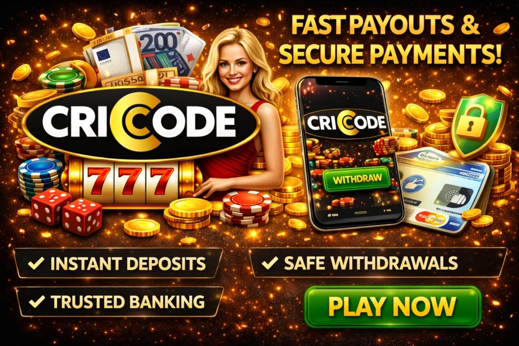 CRICODE casino fast payout banner showing instant deposits, secure payments and quick withdrawals