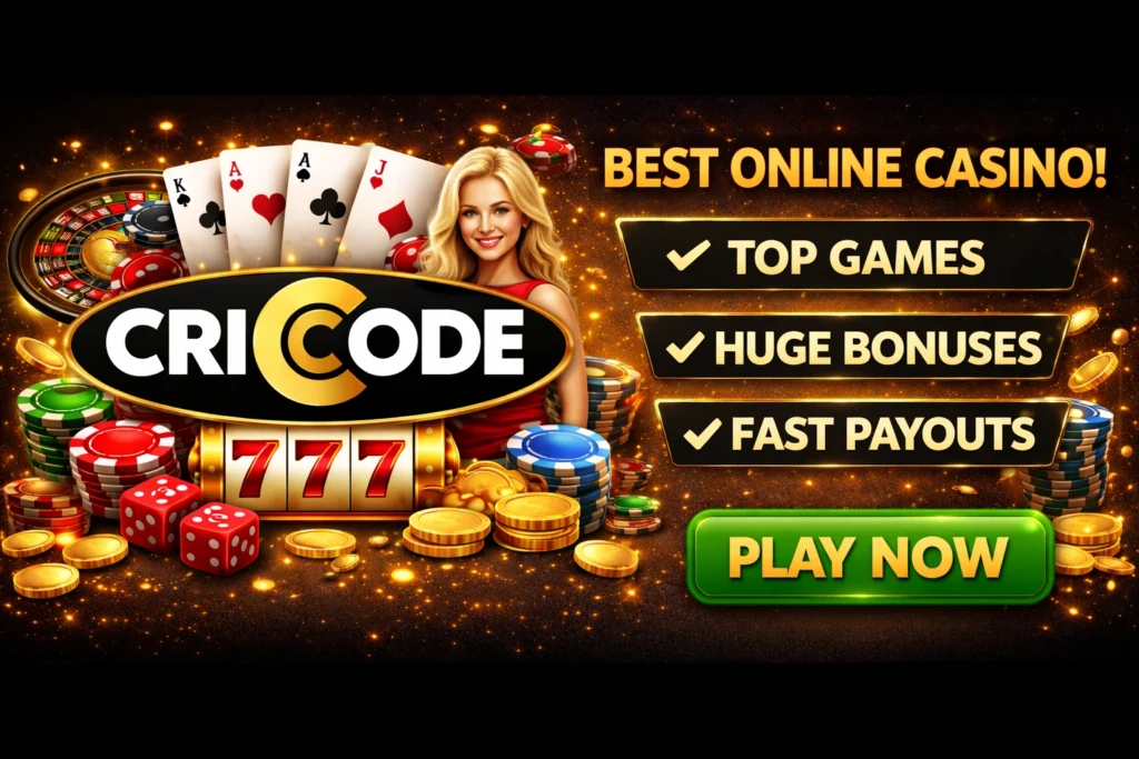 CRICODE online casino banner with slots, poker chips, roulette and casino bonuses
