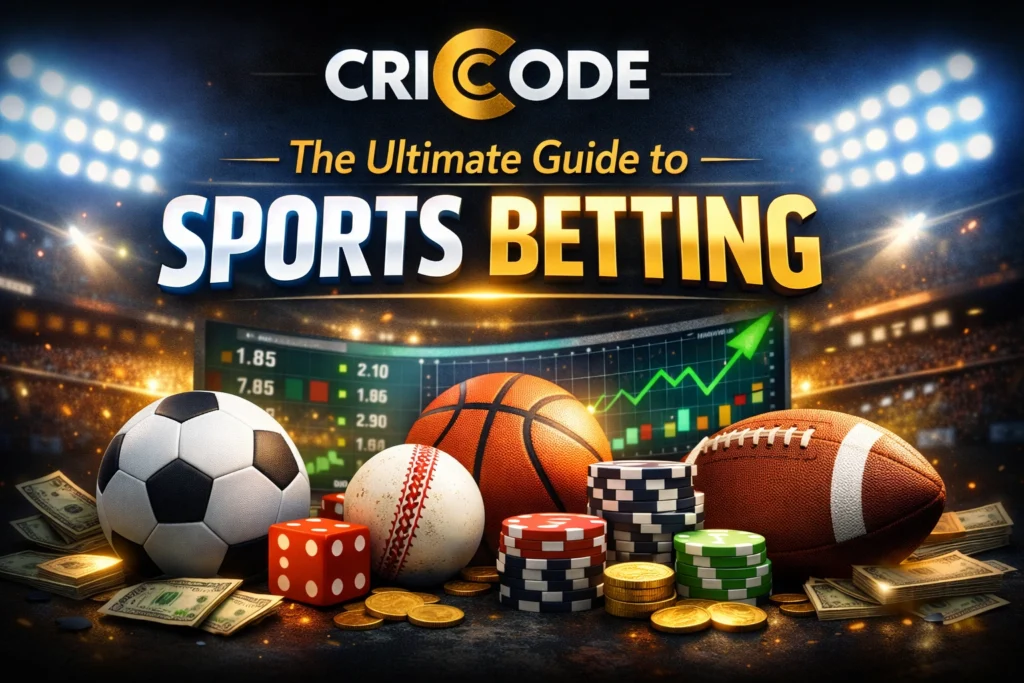 CRICODE sports betting guide banner showing sports balls, betting odds screen and online betting theme
