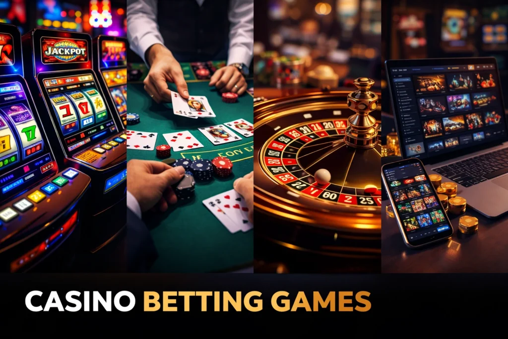 Online casino betting games including slot machines, blackjack table, roulette wheel and mobile casino app