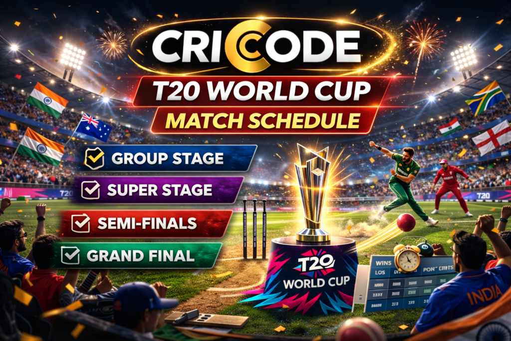 T20 World Cup Live Schedule 2026 match fixtures with Cricode logo banner