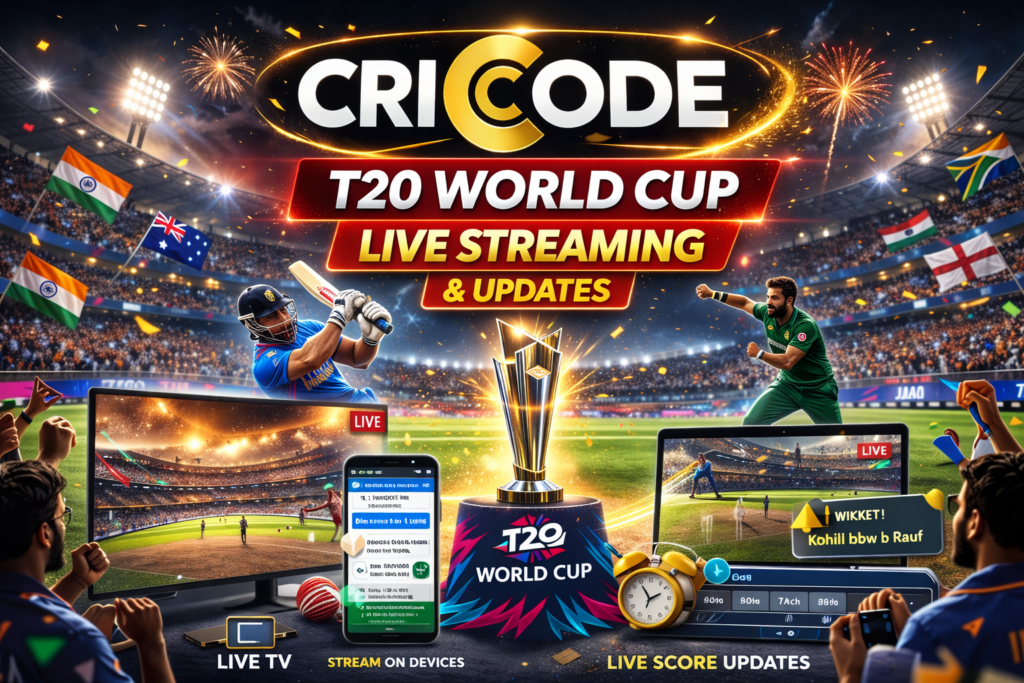 T20 World Cup Live Streaming 2026 Cricode logo with mobile and TV streaming devices
