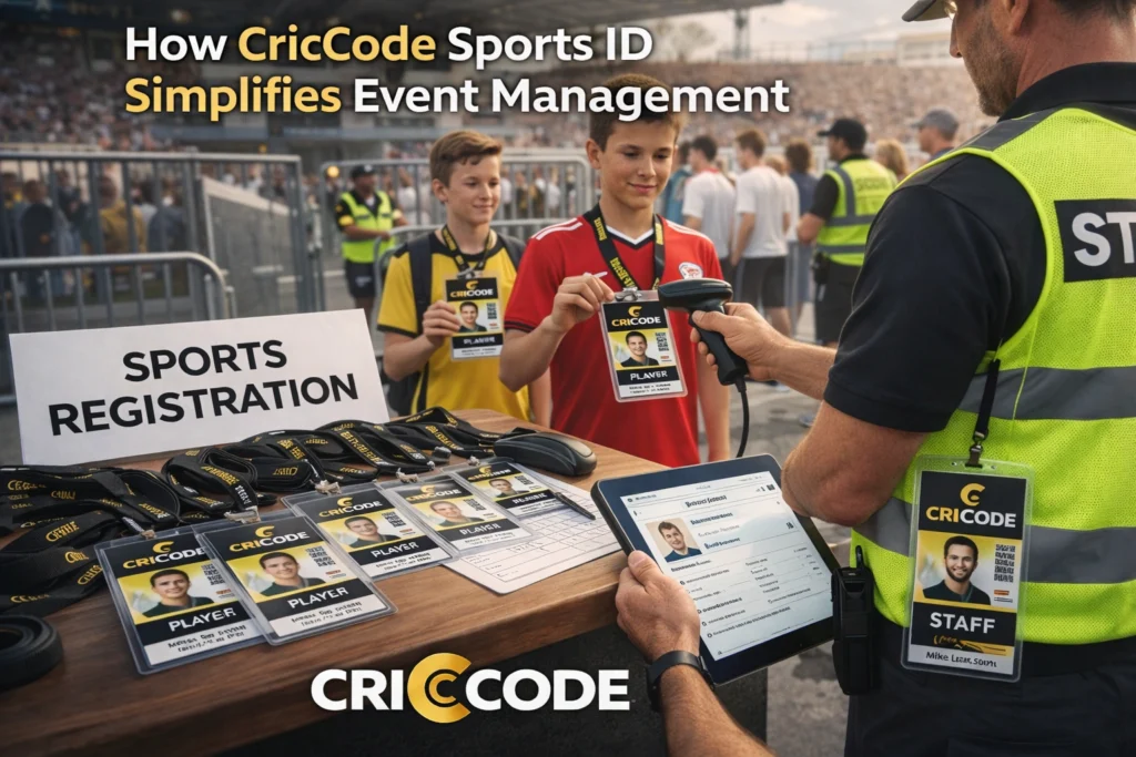 CricCode Sports ID cards being scanned at a sports event registration desk