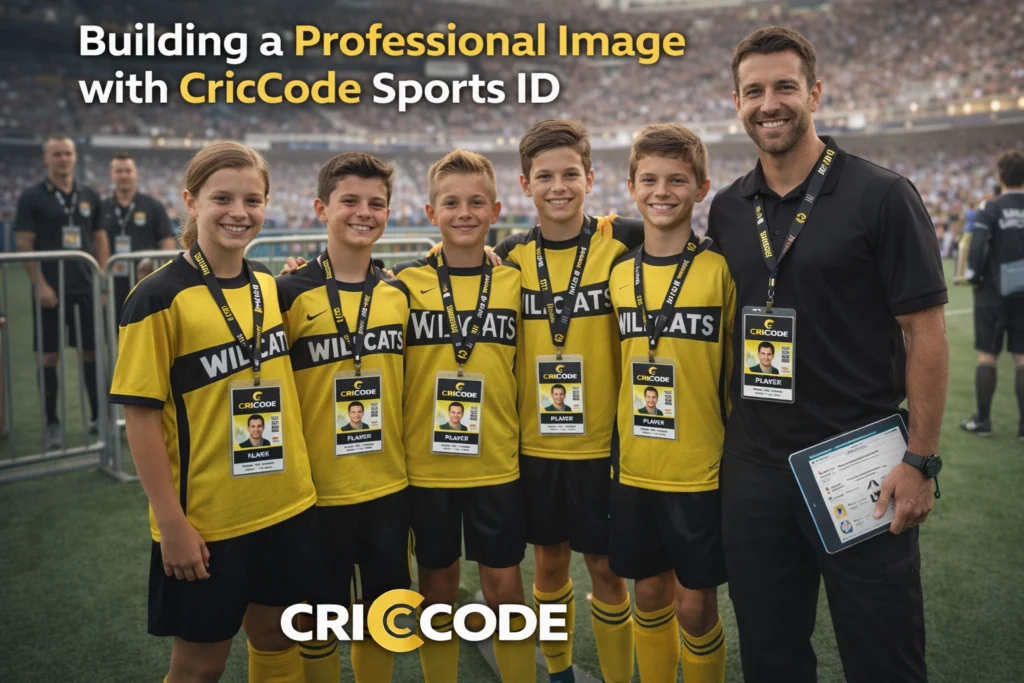 Youth sports team wearing CricCode Sports ID badges during a professional tournament