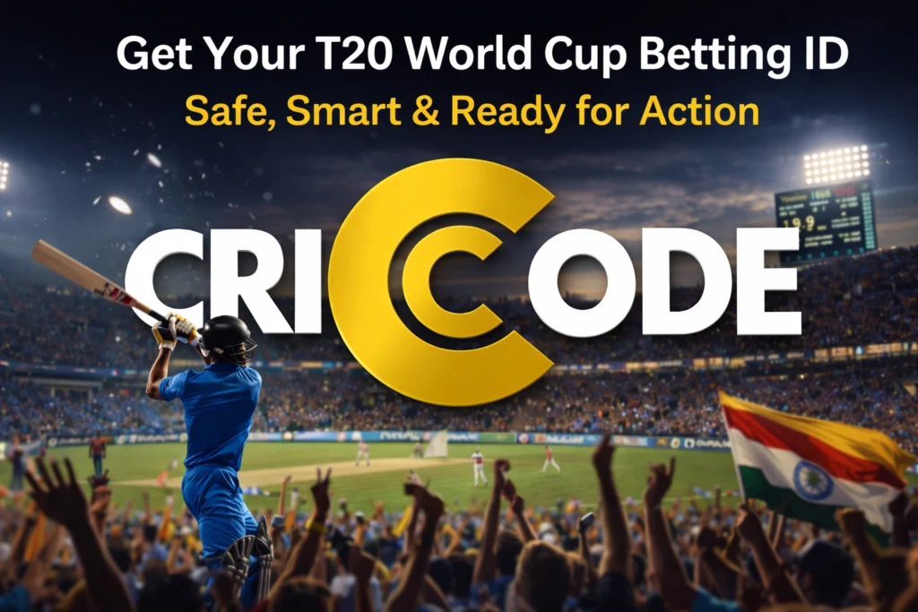 CricCode T20 World Cup betting ID live cricket betting banner with stadium and mobile app