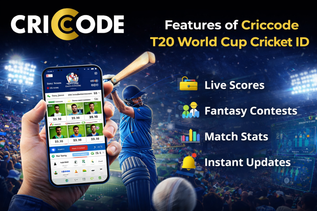Criccode T20 World Cup Cricket ID app showing live scores fantasy contests and match stats