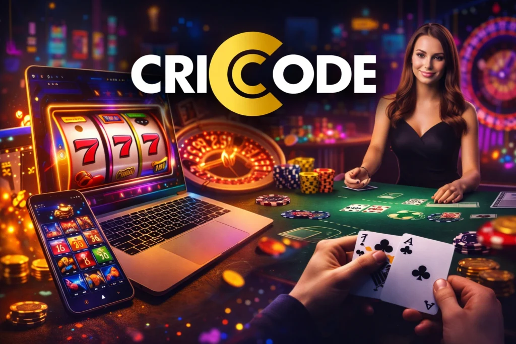 Cricode Casino Games online platform banner with slots, live dealer blackjack and casino gameplay