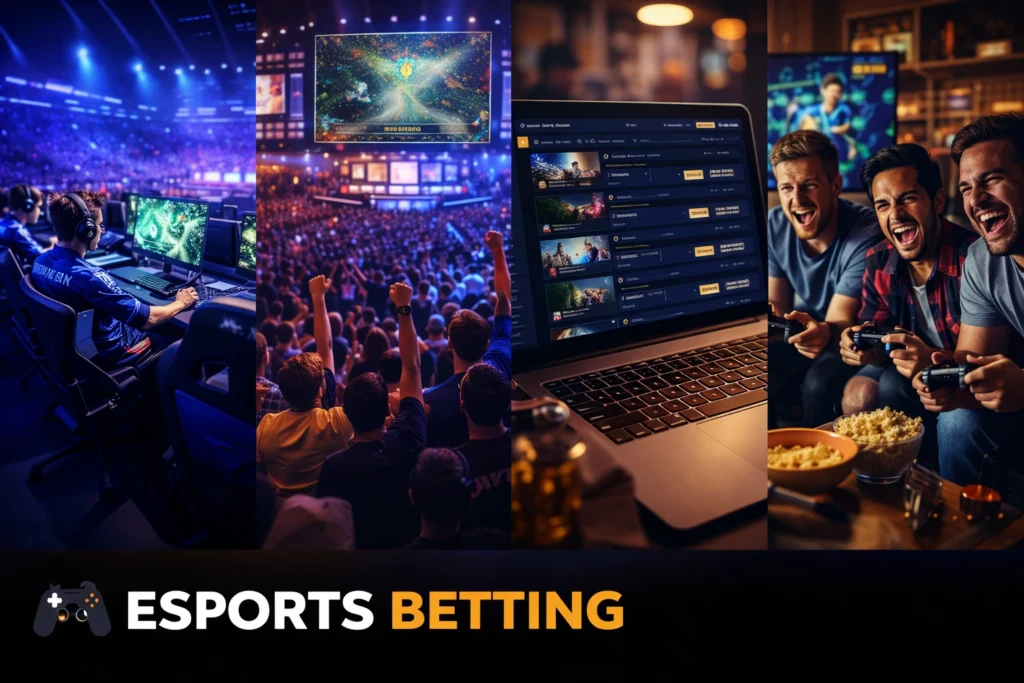 Esports betting scene showing gaming tournament arena, live odds dashboard and players watching competitive video game match