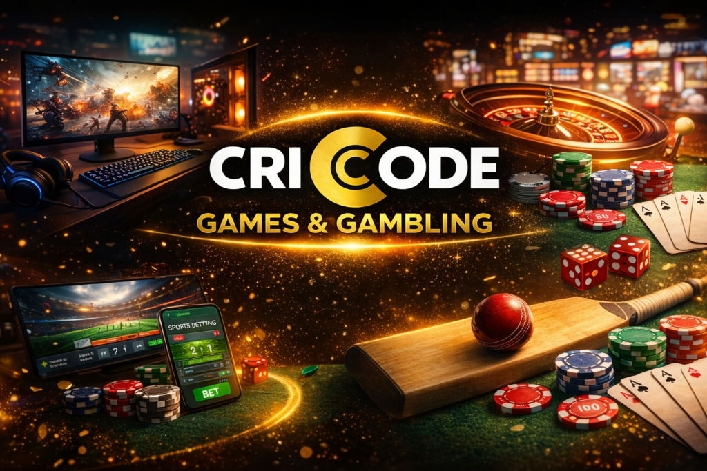 CricCode Games and Gambling platform banner with casino, cricket betting and online gaming elements
