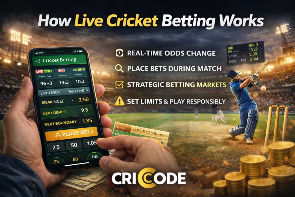 CricCode guide showing how live cricket betting works with real-time odds and mobile betting app