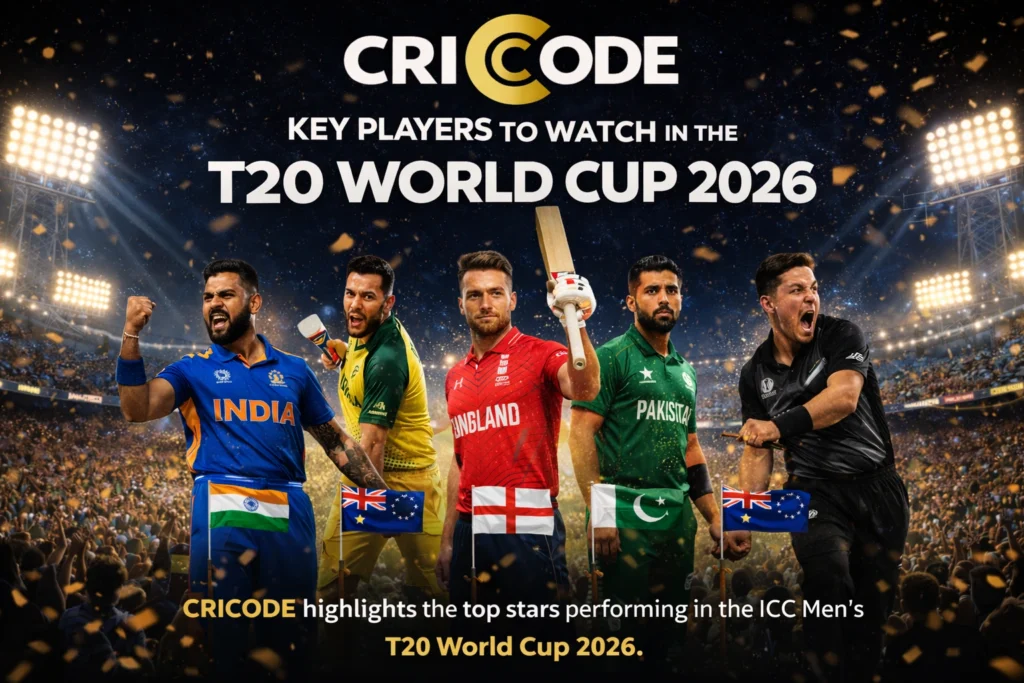 CRICODE banner featuring key players in T20 World Cup 2026 with stadium background
