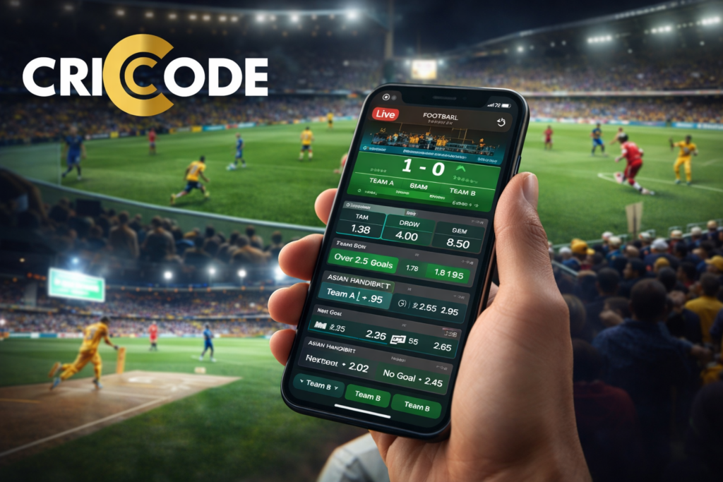 Live sports betting app interface with CRICODE logo during football and cricket match