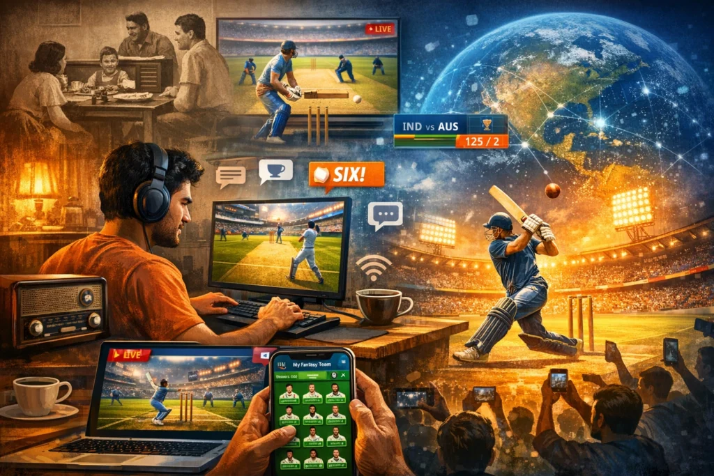 player enjoying online cricket video game on computer and mobile